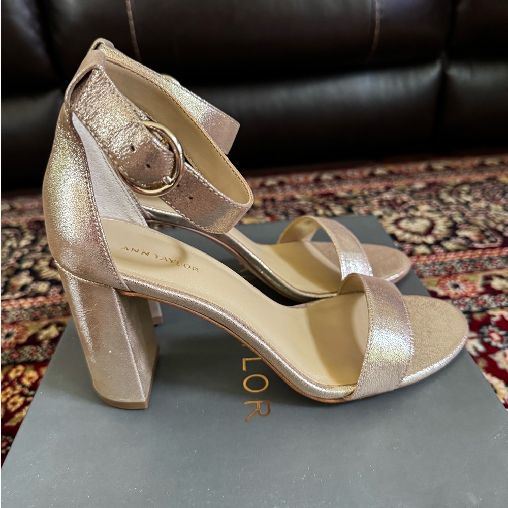 Ann Taylor Metallic Block Heel Sandals. New!
